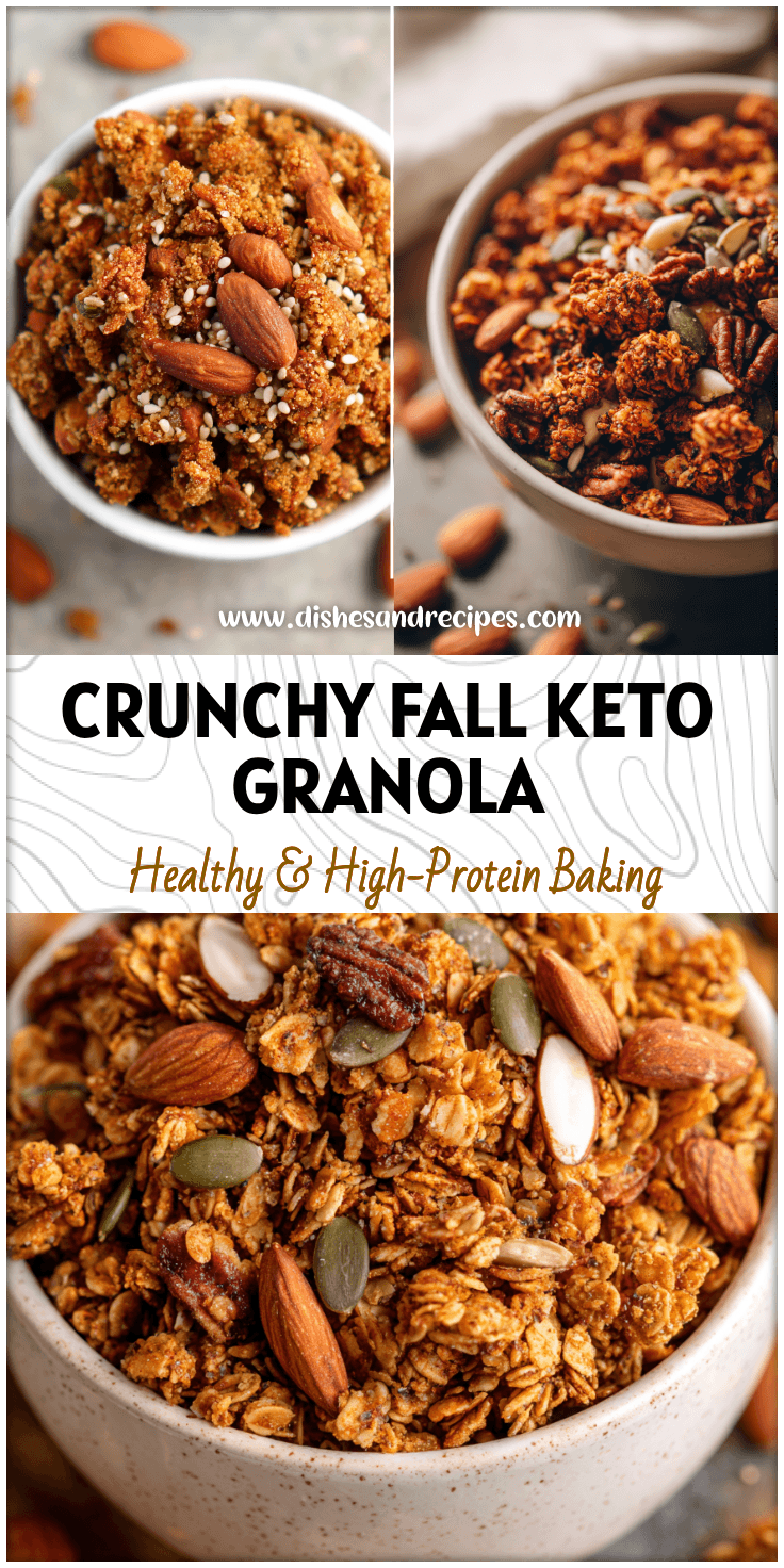 A bowl of crunchy Pumpkin Spice Keto Granola topped with almonds and seeds for a Healthy Fall Granola Recipe.